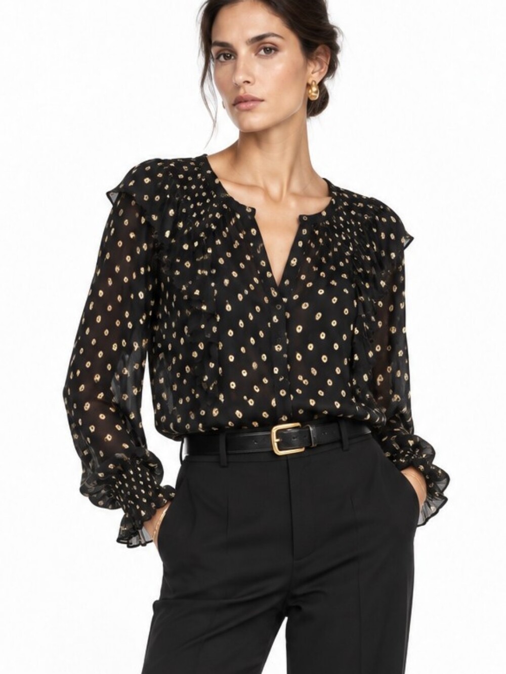 Loft Shimmer Black Gold Ruffle Blouse Long Sleeve